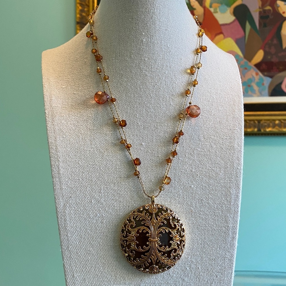 Monet Golden Amber Pendant Necklace